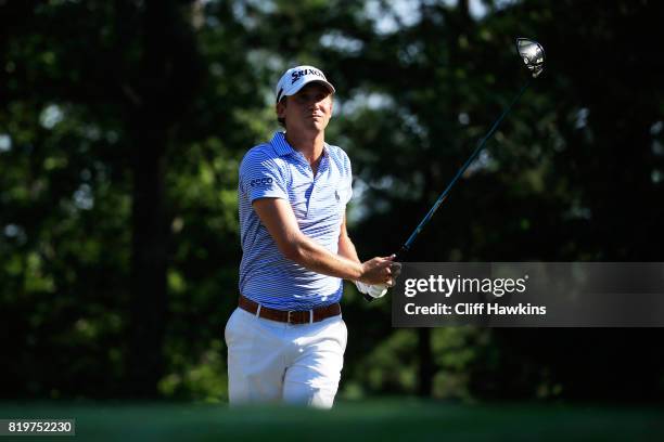 Smylie Kaufman of the United States plays his shot from the fourth tee during the first round of the Barbasol Championship at the Robert Trent Jones...