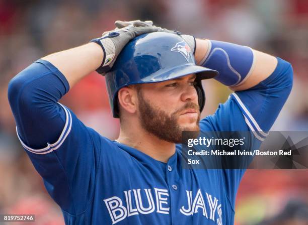 Russell Martin of the Toronto Blue Jays waits for a pitching change against the Boston Red Sox in the sixth inning at Fenway Park on July 20, 2017 in...