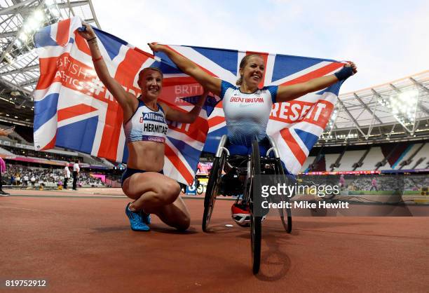 Hannah Cockroft of Great Britain and Georgina Hermitage of Great Britain celebrate winning the Women's 400m T34 and Women's 400m T37 respectively...