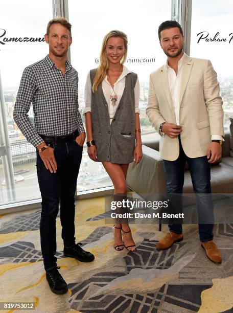 Jenson Button, Noelle Reno and Parham Ramezani attend Parham Ramezani X Jenson Button jewellery launch at The Shard on July 20, 2017 in London,...