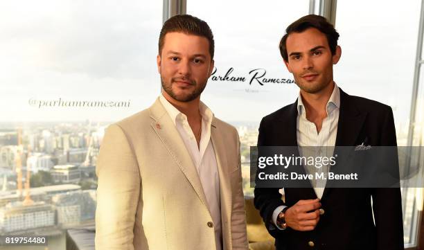 Parham Ramezani and Mark-Francis Vandelli attend Parham Ramezani X Jenson Button jewellery launch at The Shard on July 20, 2017 in London, England.