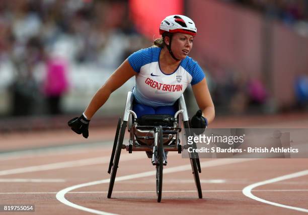 Hannah Cockroft of Great Britain crosses the line to win the Women's 400m T34 during day seven of the IPC World ParaAthletics Championships 2017 at...