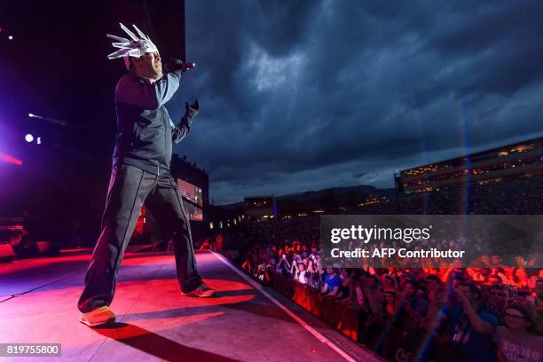 Lead singer Jay Kay of the British funk and acid jazz band Jamiroquai performs during the 42nd Paleo music festival on July 18, 2017 in Nyon, western...
