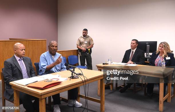 Simpson attends his parole hearing with his attorney Malcolm LaVergne and Warden Renee Baker, right, and caseworker Marc La Fleur at Lovelock...