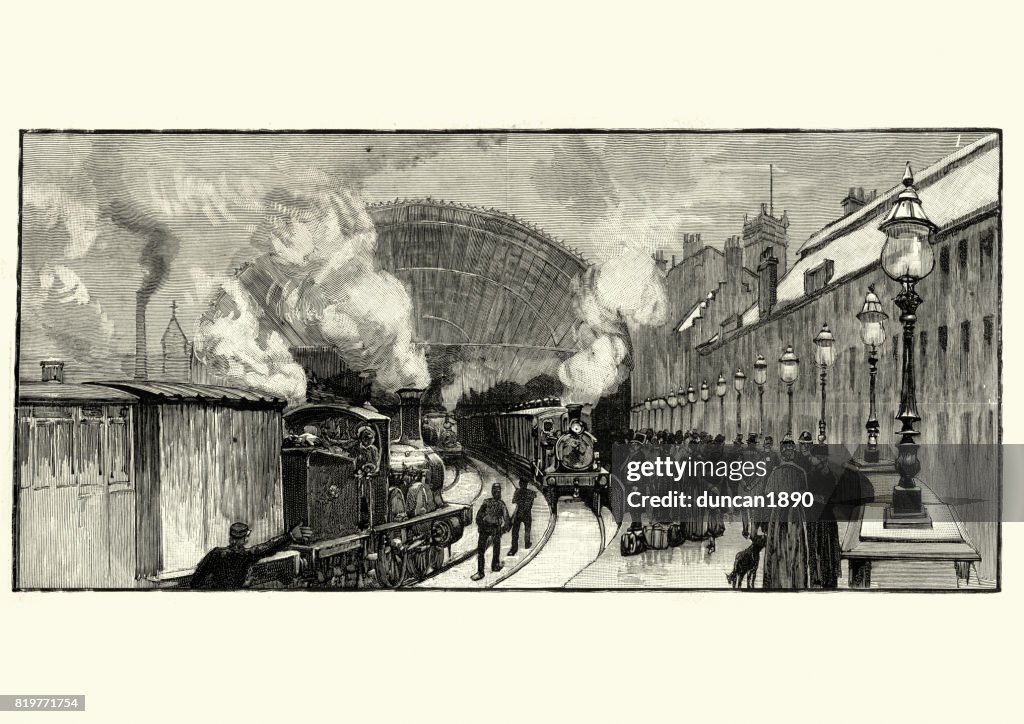 Passengers at St Enoch railway station, Glasgow, Scotland, 1891