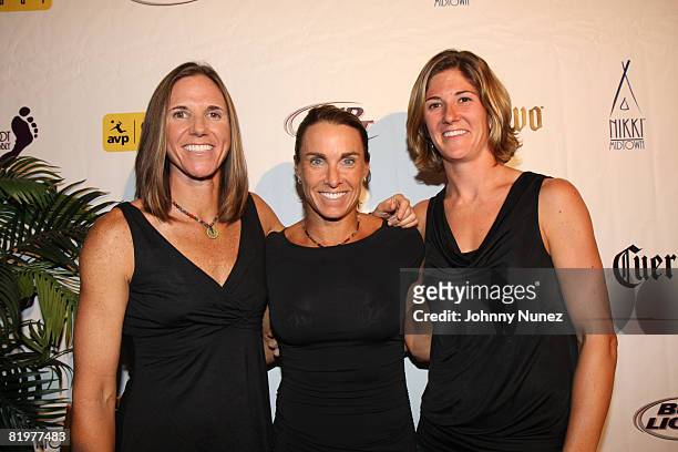 Elaine Youngs, Holly McPeak and Nicole Branagh attend the 25th anniversary celebration of AVP Pro Beach Volleyball at Nikki Beach on July 17, 2008 in...