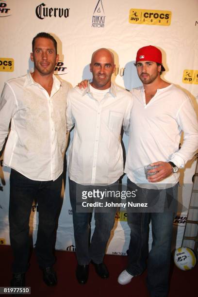 Ryan Mariano, Dave Fischer and Aaron Voros attend the 25th anniversary celebration of AVP Pro Beach Volleyball at Nikki Beach on July 17, 2008 in New...