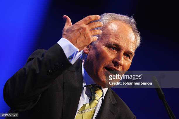 Erwin Huber, head of the CSU, speaks at the CSU party congress at NuernbergMesse on July 18, 2008 in Nuremberg, Germany. The party congress...