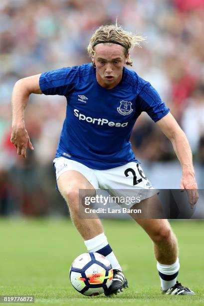 Tom Davies of Everton runs with the ball during a preseason friendly match between FC Twente and Everton FC at Sportpark de Stockakker on July 19,...