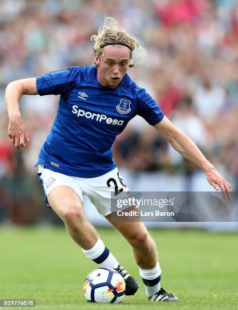 Tom Davies of Everton runs with the ball during a preseason friendly match between FC Twente and Everton FC at Sportpark de Stockakker on July 19,...