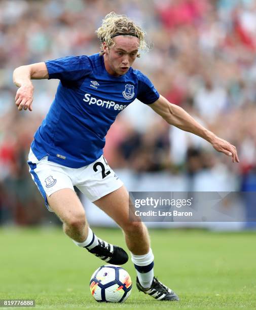 Tom Davies of Everton runs with the ball during a preseason friendly match between FC Twente and Everton FC at Sportpark de Stockakker on July 19,...