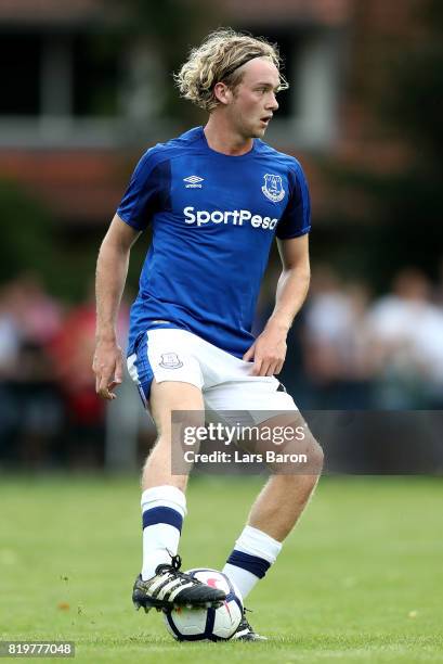 Tom Davies of Everton runs with the ball during a preseason friendly match between FC Twente and Everton FC at Sportpark de Stockakker on July 19,...