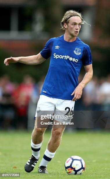 Tom Davies of Everton runs with the ball during a preseason friendly match between FC Twente and Everton FC at Sportpark de Stockakker on July 19,...