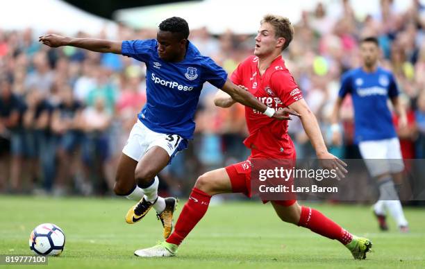 Ademola Lookman of Everton is challenged by Joachim Andersen of Twente during a preseason friendly match between FC Twente and Everton FC at...