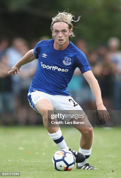 Tom Davies of Everton runs with the ball during a preseason friendly match between FC Twente and Everton FC at Sportpark de Stockakker on July 19,...