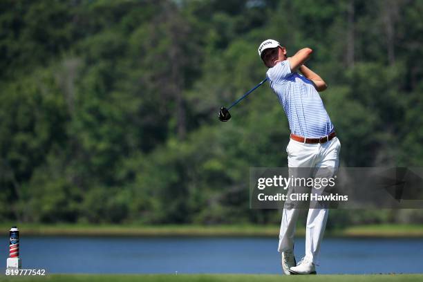 Smylie Kaufman of the United States plays his shot from the ninth tee during the first round of the Barbasol Championship at the Robert Trent Jones...