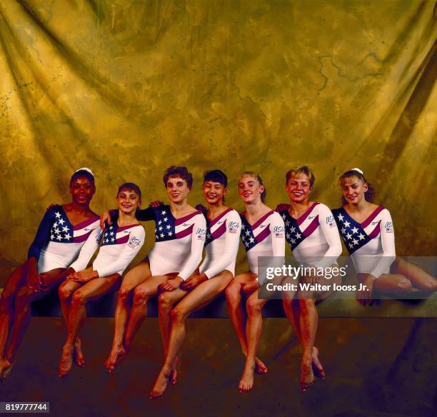 Summer Olympics: Portrait of Team USA Dominique Dawes, Dominique Moceanu, Kerri Strug, Amy Chow, Jaycie Phelps, Amanda Beard, and Shannon Miller...