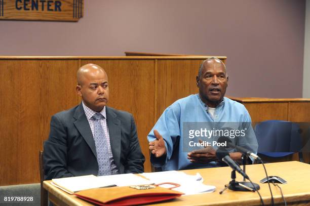 Simpson attends his parole hearing with his attorney Malcolm LaVergne at Lovelock Correctional Center July 20, 2017 in Lovelock, Nevada. Simpson is...