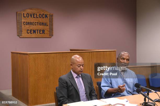 Simpson attends his parole hearing with his attorney Malcolm LaVergne at Lovelock Correctional Center July 20, 2017 in Lovelock, Nevada. Simpson is...