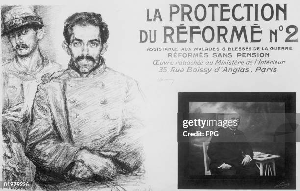 French poster from World War I dealing with the need to assist soldiers discharged from the army, but ineligible for pensions. Inset is a photograph...