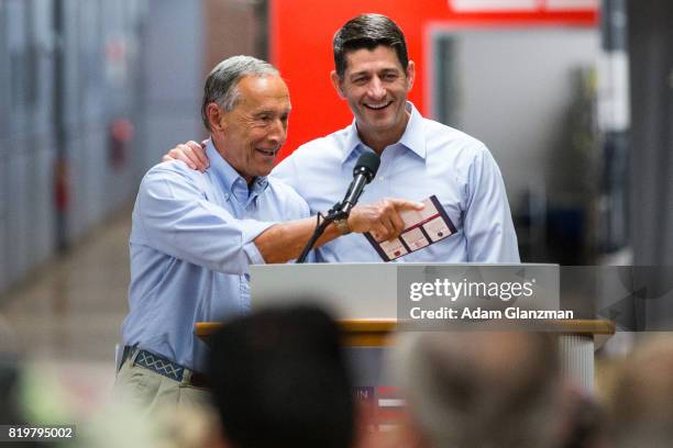 Speaker of the House Paul Ryan is joined by Jim Davis, the chairman and owner of New Balance as he talks about tax reform during a visit to the New...