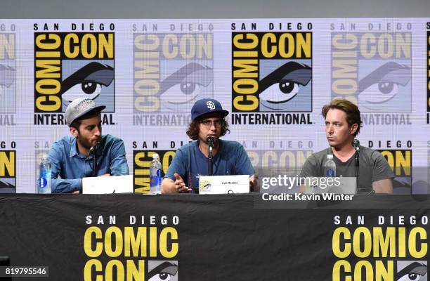 Dave McCarey, Kyle Mooney and Beck Bennett speak onstage at the "Brigsby Bear" cast and filmmakers panel during Comic-Con International 2017 at San...