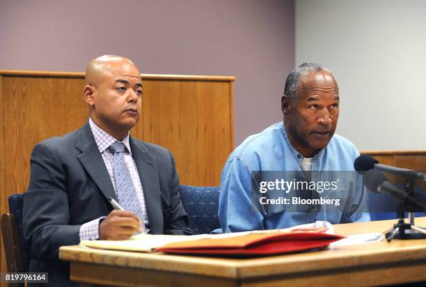 Former professional football player O.J. Simpson, right, speaks during a parole hearing at Lovelock Correctional Center in Lovelock, Nevada, U.S., on...