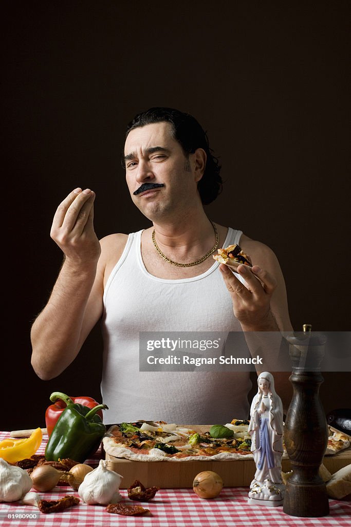 Stereotypical Italian Man Eating pizza and gesturing with hand