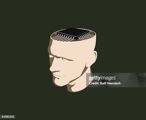 ilustraciones, imágenes clip art, dibujos animados e iconos de stock de a man with a computer chip inside his head - chip