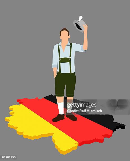 ilustrações, clipart, desenhos animados e ícones de stereotypical german man standing on a german flag in the shape of germany - roupa de tirolês