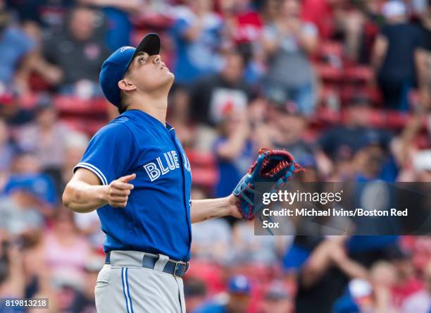 Roberto Osuna of the Toronto Blue Jays reacts after the final out against the Boston Red Sox in the ninth inning at Fenway Park on July 20, 2017 in...