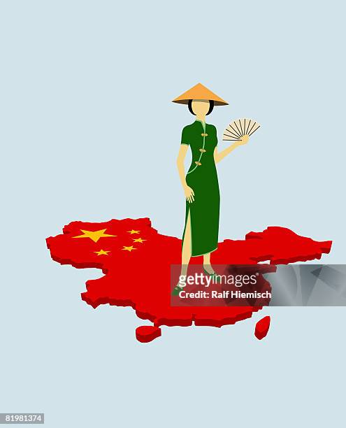 a stereotypical chinese woman standing on the chinese flag in the shape of china - representing stock illustrations
