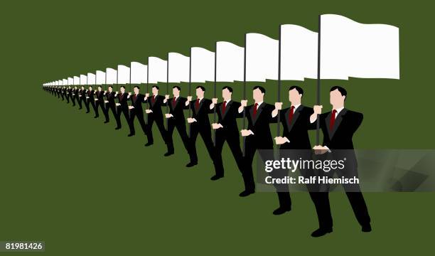 illustrazioni stock, clip art, cartoni animati e icone di tendenza di businessmen holding flags and standing in a row - gambe divaricate