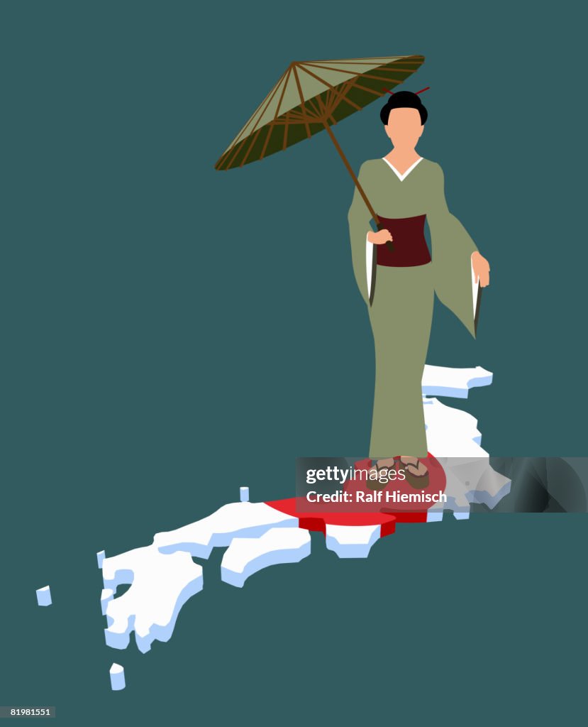 Stereotypical Japanese woman standing on Japanese flag in the shape of Japan
