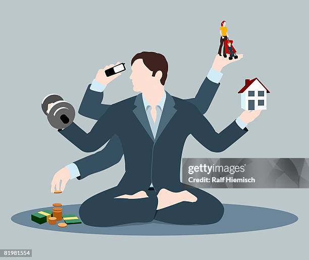 stockillustraties, clipart, cartoons en iconen met a man multi-tasking - middelgrote groep dingen