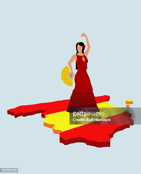 stereotypical spanish woman standing on spanish flag in the shape of spain - folding fan stock illustrations