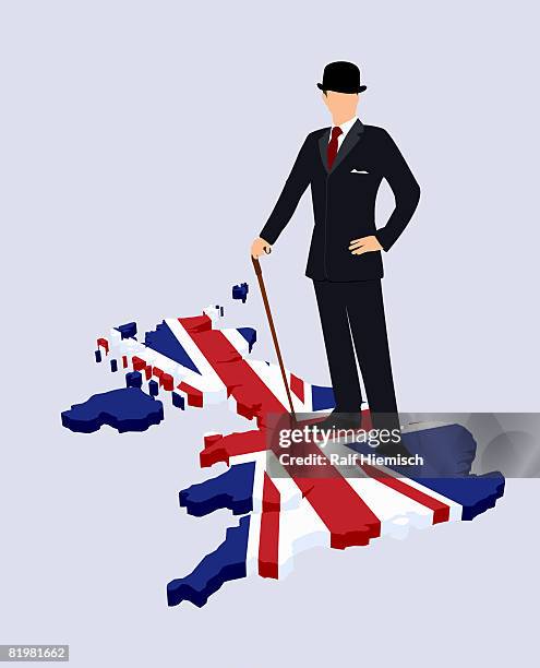 stereotypical british gentleman standing on a british flag in the shape of great britain - map of uk stock illustrations