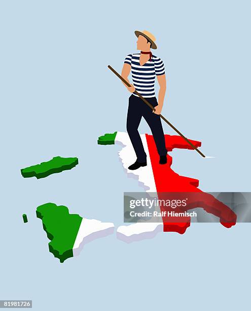 a stereotypical italian gondolier standing on the italian flag in the shape of italy - italian flag stock illustrations