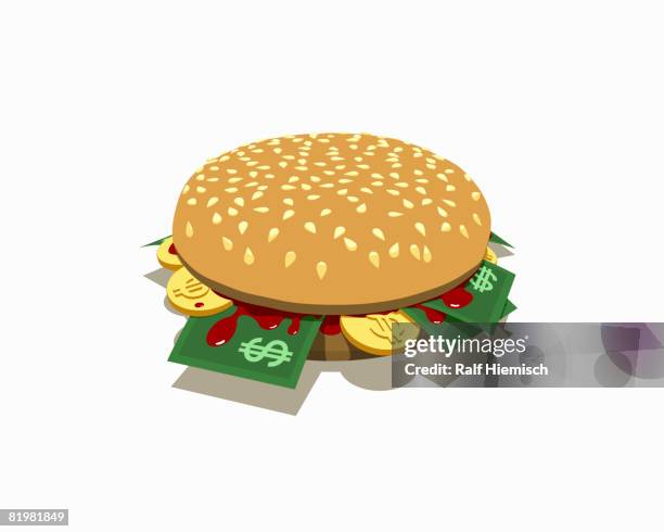 a burger with dollar banknotes and coins inside - sesame seed bun stock illustrations