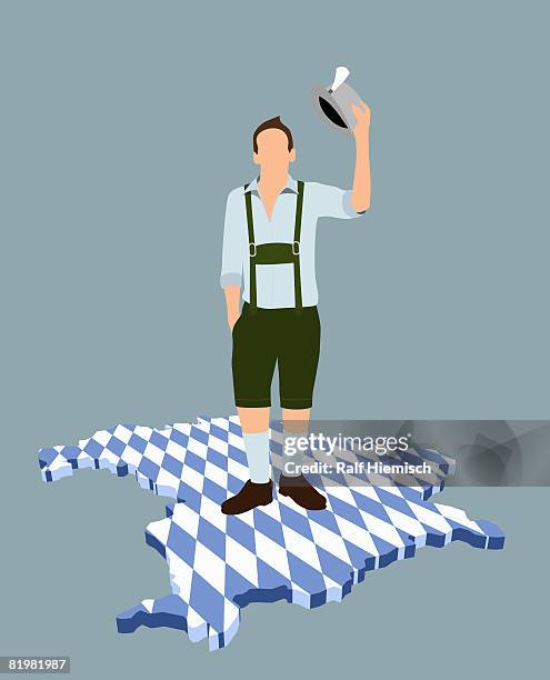 a stereotypical german man standing on a bavarian flag in the shape of bavaria - bavaria flag stock illustrations