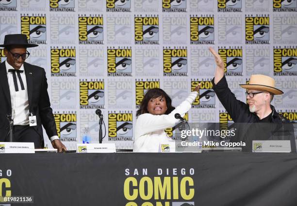 Actors Orlando Jones and Aisha Tyler and TV personality Adam Savage speak onstage at SYFY hosts The Great Debate during Comic-Con International 2017...