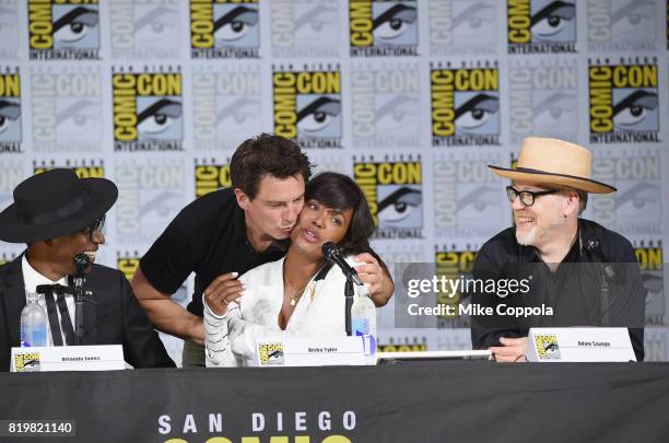 Actors Orlando Jones, John Barrowman and Aisha Tyler and TV personality Adam Savage speak onstage at SYFY hosts The Great Debate during Comic-Con...