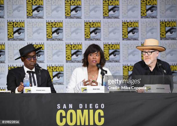 Actors Orlando Jones and Aisha Tyler and TV personality Adam Savage speak onstage at SYFY hosts The Great Debate during Comic-Con International 2017...