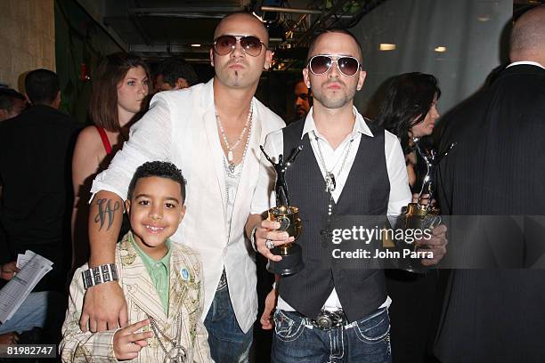 Miguelito and Wisin y Yandel poses backstage at the Premio Juventud Awards at Bank United Center on July 17, 2008 in Miami, Florida .