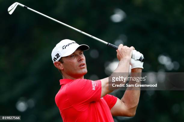 Shawn Stefani of the United States plays his shot from the 17th tee during the first round of the Barbasol Championship at the Robert Trent Jones...