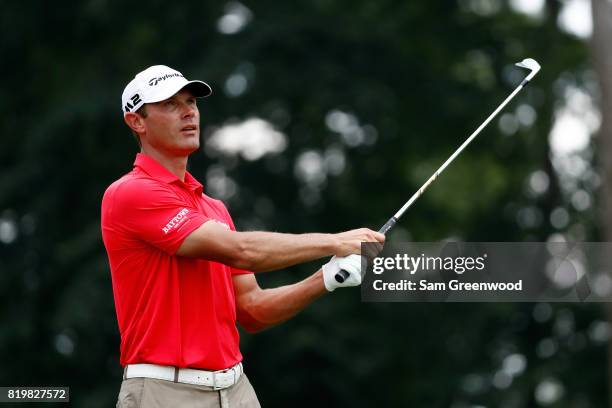 Shawn Stefani of the United States plays his shot from the 17th tee during the first round of the Barbasol Championship at the Robert Trent Jones...