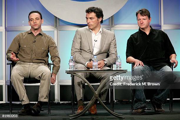 Executive producer Ethan Reiff, actor Rufus Sewell, and executive producer Cyrus Voris of "Eleventh Hour" speak during the CBS portion of the...