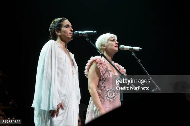 The Israeli singer Noa and the Spanish singer Pasión Vega during the concert offered at the Teatro Circo Price in Madrid July 20, 2017