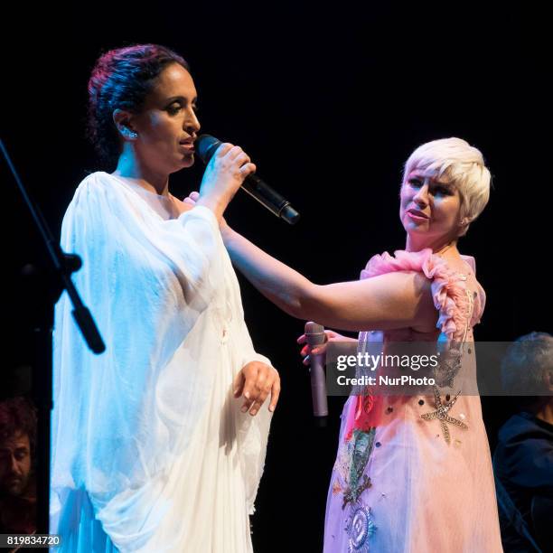 The Israeli singer Noa and the Spanish singer Pasión Vega during the concert offered at the Teatro Circo Price in Madrid July 20, 2017