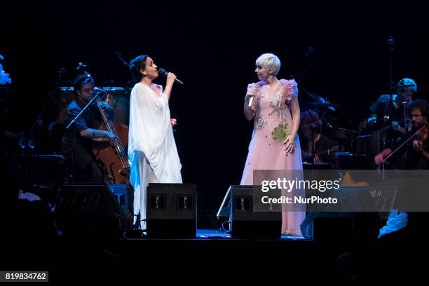 The Israeli singer Noa and the Spanish singer Pasión Vega during the concert offered at the Teatro Circo Price in Madrid July 20, 2017